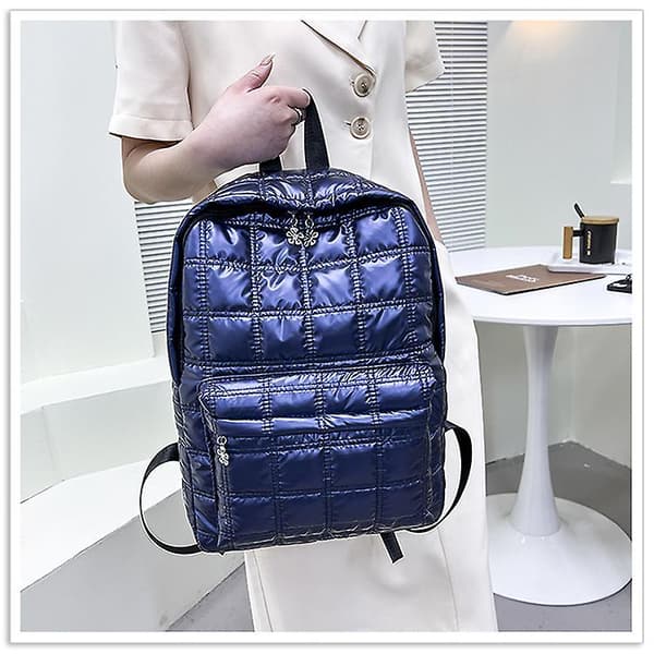 Down Cotton Filled Women's Backpack Quilted Plaid School Casual Bag blue