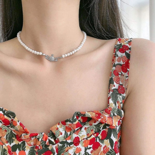 Rhinestone Faux Planet Saturn Pearl Necklace For Women Jewelry