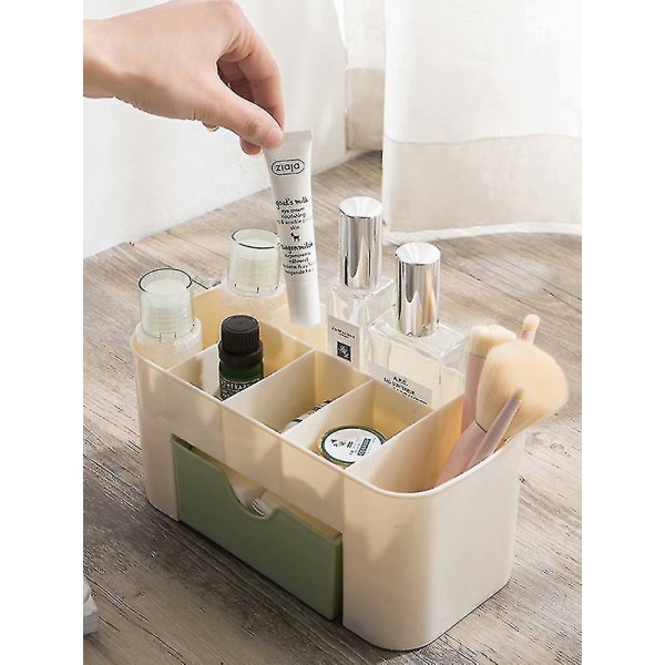 Plastic Cosmetic Box Cosmetic Brush Storage Box, Cotton Swab Stick Storage Box With Drawer Light Green