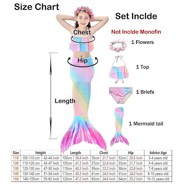 Kids Girls Mermaid Tail Bikini Set Swimwear Swimsuit Swimming Costume Included Garland Headband Color 9 4-5Years