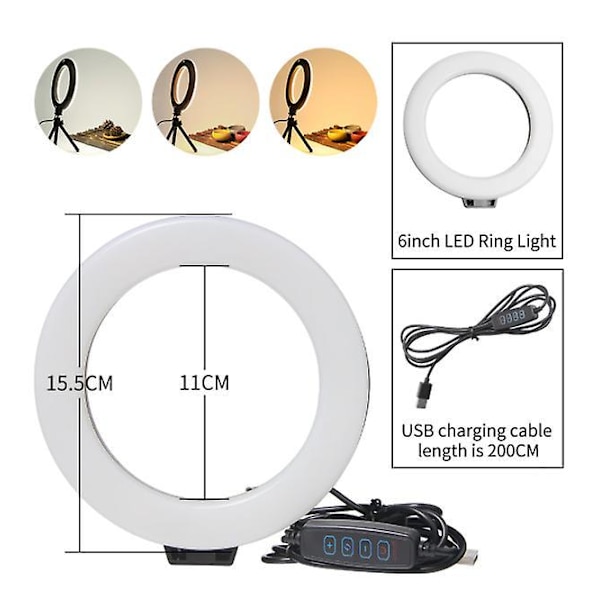 16 cm 6 tommer Ring Light med Tripod Stativ USB Opladning Selfie LED Lampe