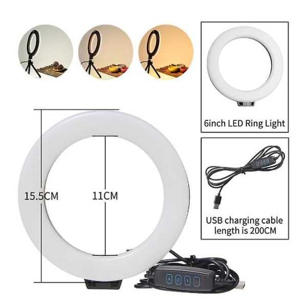 16cm 6 inch Ring Light With Tripod Stand Usb Charge Selfie Led Lamp
