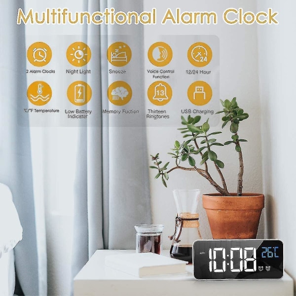 Led Digital Alarm Clock, Digital Alarm Clock Mirror Desk Clock Usb Rechargeable Travel Alarm Clock With 2 Alarms/snooze/temperature