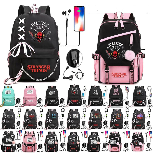 Stranger Things Hellfire Club Large-capacity School Bag Usb Charging Backpack Black 12