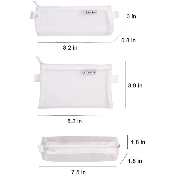 3 stk. Multifunktionel Mesh Pen Taske Penalhus Makeup Værktøjstaske Opbevaringspose Pung Mix-white