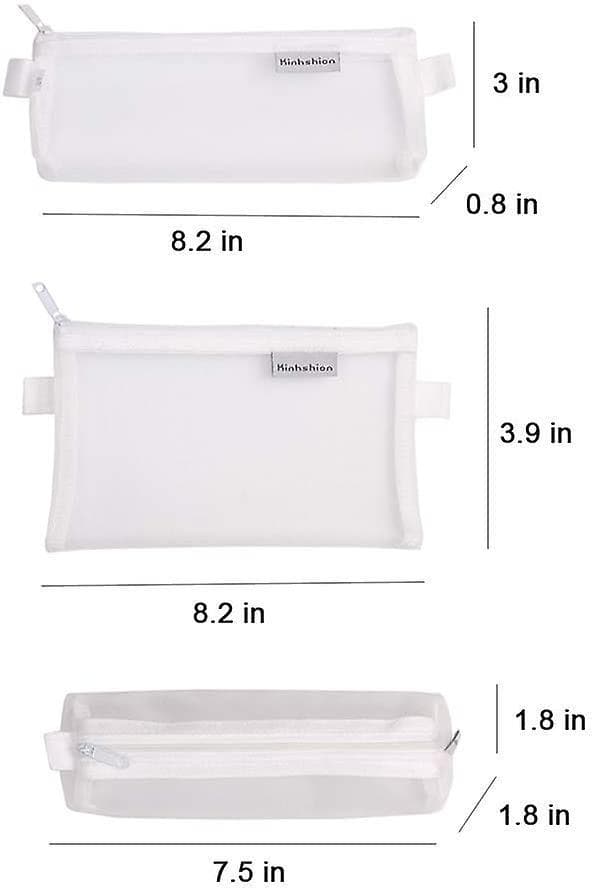 3pcs Multifunctional Mesh Pen Bag Pencil Case Makeup Tool Bag Storage Pouch Purse Mix-white