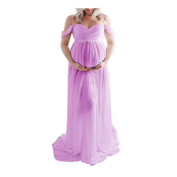 Barselskjole til fotografering Off Shoulder Chiffon Kjole Slids foran Maxi Graviditetskjoler Baby Shower Kjole Graviditetskjoler til fotografering Purple L
