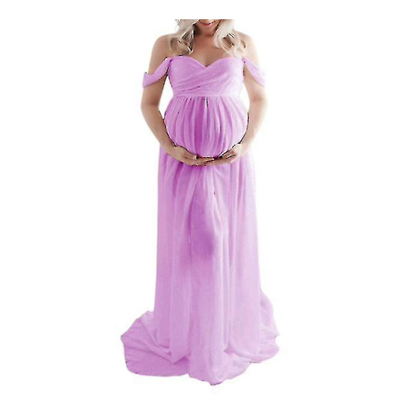 Maternity Dress For Photography Off Shoulder Chiffon Gown Split Front Maxi Pregnancy Dresses Baby Shower Dress Pregnancy Dresses For Photo Shoot Purple L