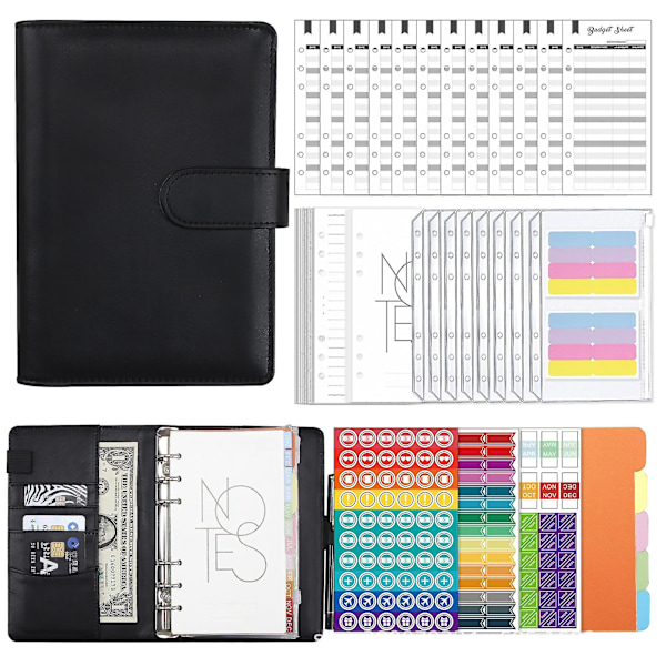 Averfeel Binder Budget A6 Pu Leather Notebook Planner Organizer With 12pcs Zipper Cash Envelopes, Budget Sheets, Stickers For Budgeting And Saving Mon Black