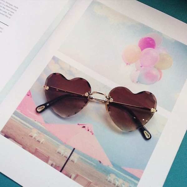 Heart Sunglasses Rimless Thin Metal Frame Heart Shaped Sun Glasses Cute Eyewear For Women Brown