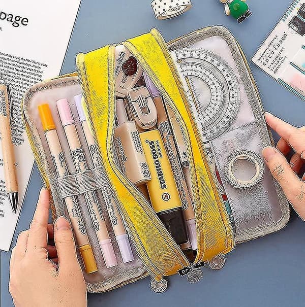 3 Compartments Large Pencil Case Big Capacity Pencil Bag YELLOW