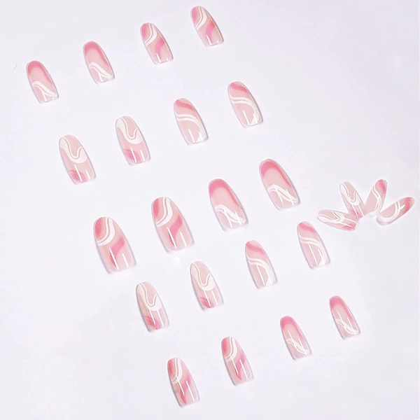 24 Pcs  Press On Nails, Medium Coffin Fake Nails, False Nails With Glue For Women And Girls Glossy Pink