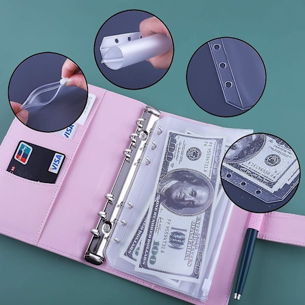 12 stk. A6 Binder Lommer Løse Ark Poser 6 Ring Binder Kontant Budget Kuverter System, A6 Pu Læder Binder Sæt Pink