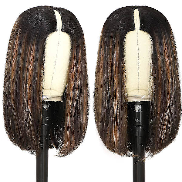 Ombre V Part Wig Human Hair No Leave Out Blonde Highlight V Part Bob Wig Upgrade Thin U Part Wig No Glue Brazilian Straight Short Bob Wig Colored Brow