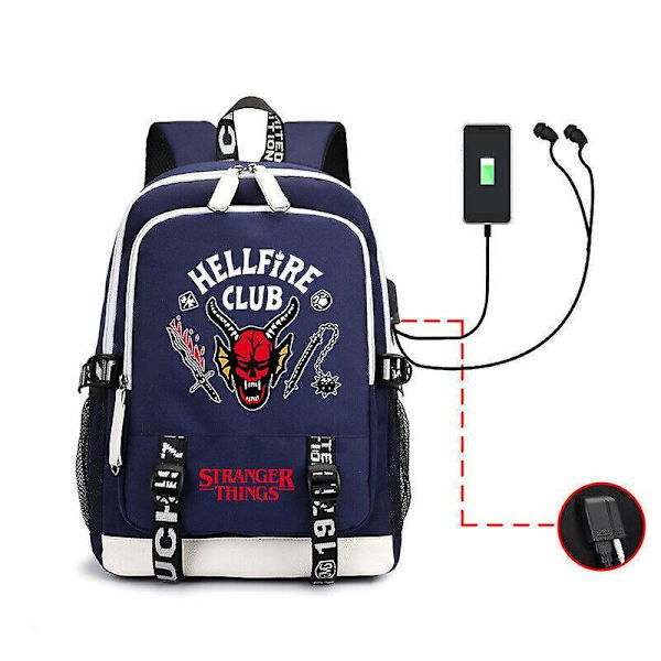 Stranger Things Hellfire Club Unisex School Backpack Rucksack Laptop Bag Usb Blue