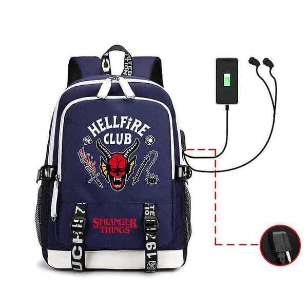 Stranger Things Hellfire Club Unisex Skole Rygsæk Laptop Taske USB Blue