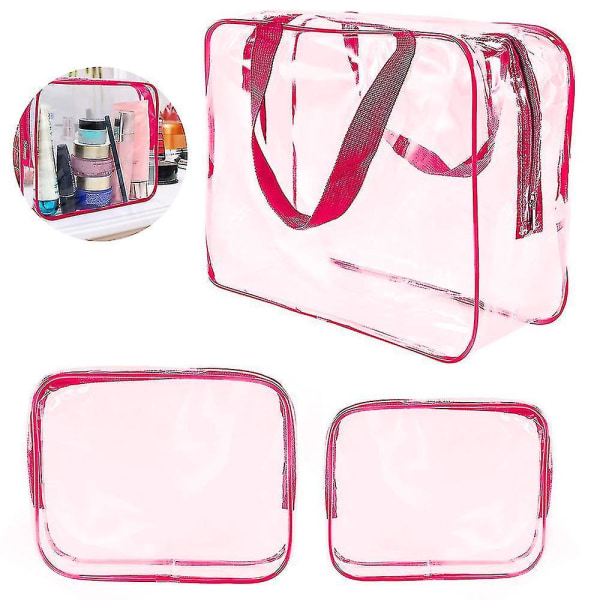 3pcs Cosmetic Makeup Bags Set Waterproof Clear Pvc With Zipper Rose red