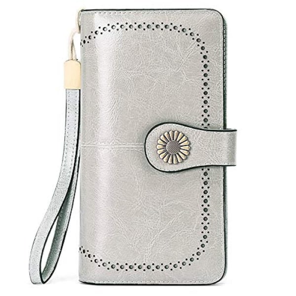 Aveki Wallets For Women Leather Credit Card Holder With Rfid Blocking Large Capacity Wristlet, 1-wax-grey