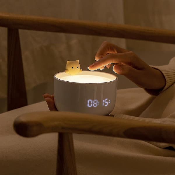 Cat alarm clock night light multifunctional USB charging alarm clock led cartoon light,（white）