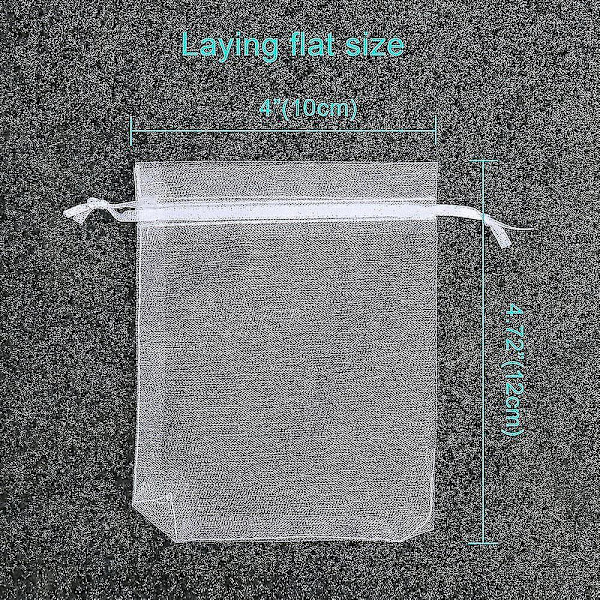 100 kpl Premium Läpikuultavia Organza-pusseja, valkoisia hääjuhlapusseja kiristysnyörillä, 4x4,72 korulahjapusseja juhliin