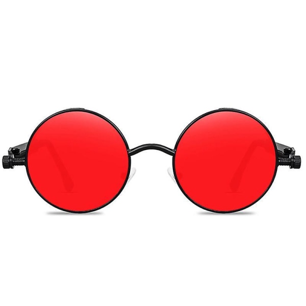 Vintage Polariserte Steampunk Solbriller Herre Runde Solbriller Stilige Black Frame Red Lenses