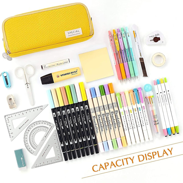 Large Pencil Case Big Capacity 3 Compartments Canvas Pencil Pouch For Students yellow