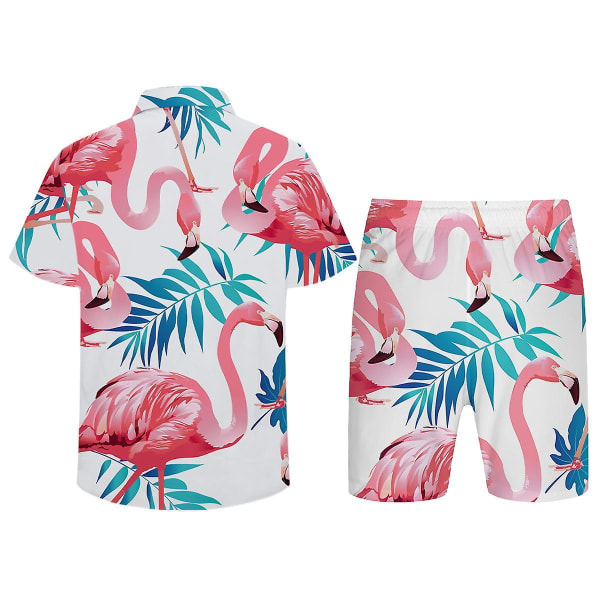 Allthemen Herre pink Flamingo Print Strandshorts Kortærmet Strandskjorte 2 stk. 3XL