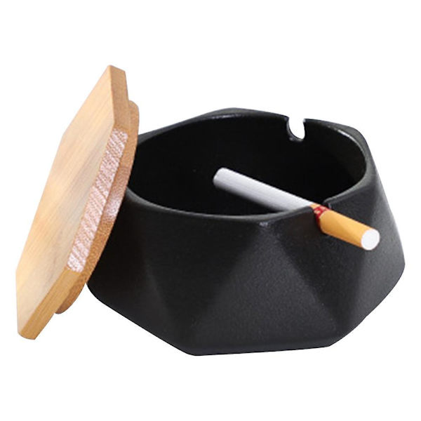 Ceramic Ashtray With Lid,windproof Design And Geometric Shape Ashtray Black