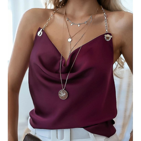 Ermeløs V-hals Sommer Topp Bluse Tanktopper for Kvinner Red XL