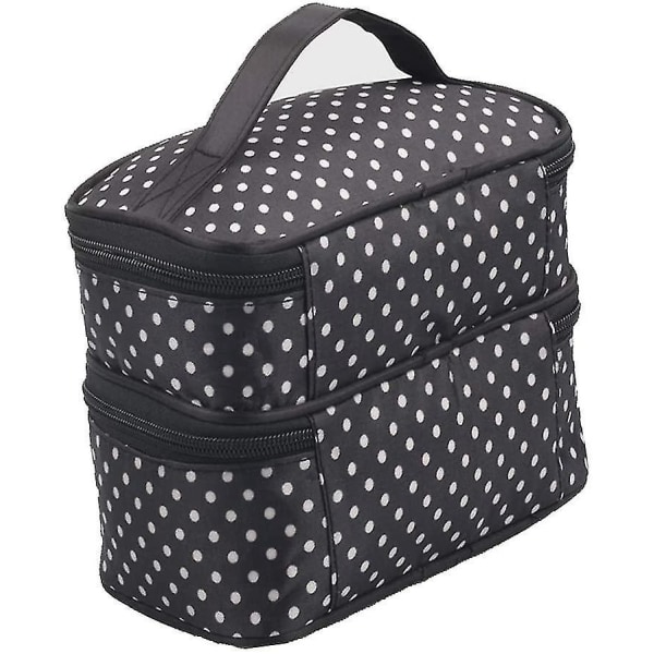 Double Layer Small Cosmetic Bag With Mirror, Waterproof Travel Toiletry Bag, Black With White Polka