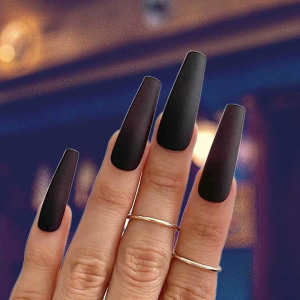 Lange Falske Negle Ballerina Tryk På Negle Matte Akryl Negle, 24 stk Black