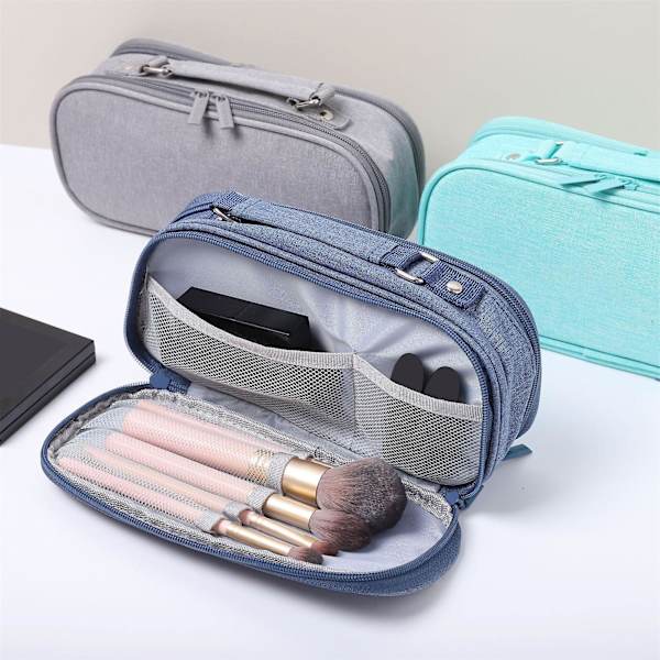 Pencil Case Big Capacity Grip Handle Canvas Easy Carry Pencil Pen Storage Bag For School Green