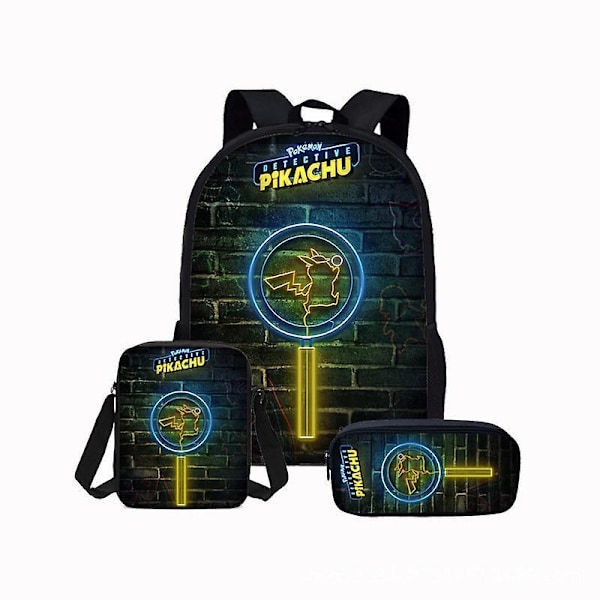 Pokémon Pikachu Skolesekksett for barneskole og ungdomsskole, 3 deler, dataveske, messenger bag, penal