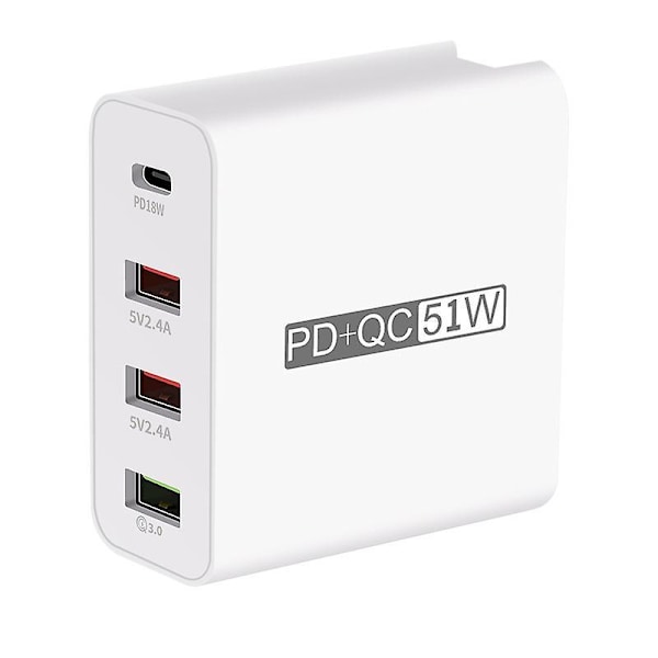 4 Porter Pd+qc3.0 Adapter Usb Utgang Bærbar Hurtiglader 51w Adapter US Plug
