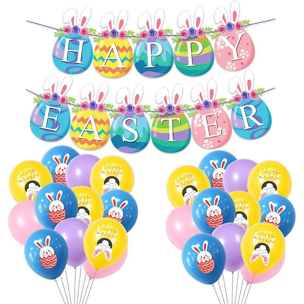 Easter Pull Flag Latex Balloons Set Egg Bunny Print Paper Banner Happy Easter Decoration B