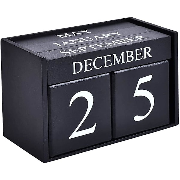 Træ Skrivebordsblok Kalender - Evighedsblok Måned Dato Display Hjemmekontor Dekoration, 15,5 x 9,9 x 7,4 cm Black