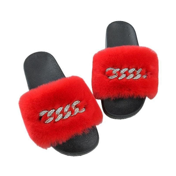 Women's Fluffy Faux Fur Slippers Comfy Open Toe Slides With Fle RED 39