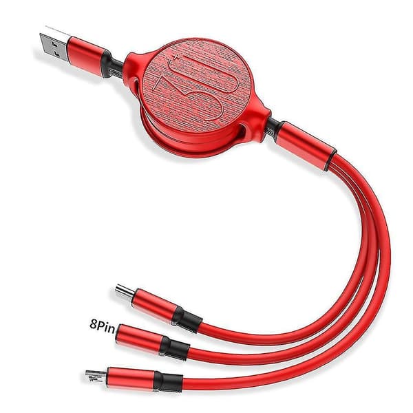 3-i-1 Uttrekkbar Micro Usb Type-c 3a Hurtigladekabel For Iphone Android Red