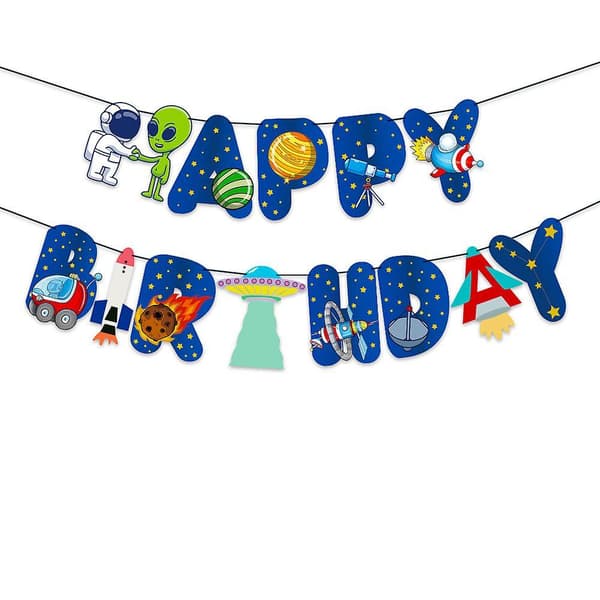 Space Themed Party 24pcs Balloons Banner Cake Insert Set Astronaut Rocket Spaceship Pull Flag Party Decoration