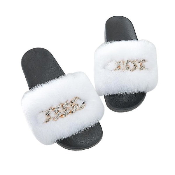 Women's Fluffy Faux Fur Slippers Comfy Open Toe Slides With Fle WHITE 36