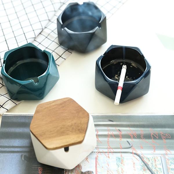 Ashtray Retro Multi-function Ceramic Windproof Geometric Ash Tray For Home Blue