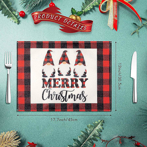 6 stk. Merry Christmas Dækkeservietter Jul Vinter Bordmåtter Rustikke Buffalo Plaid Dækkeservietter Sæt Skridsikre Varmebestandige Bordmåtter Vaskbar Juleplads