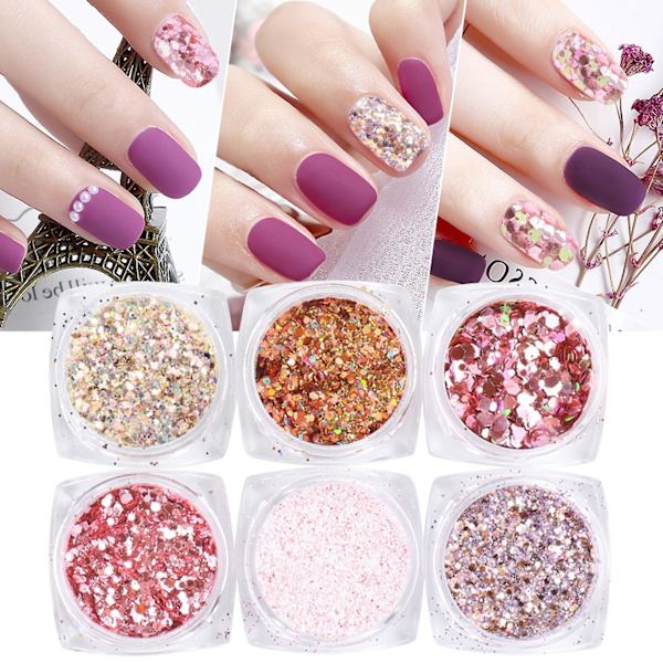 6 stk. Negle Pailletter Stilfuld Tynd Plastik Skinnende Negle Glitter Pulver Til Hjemmet 2