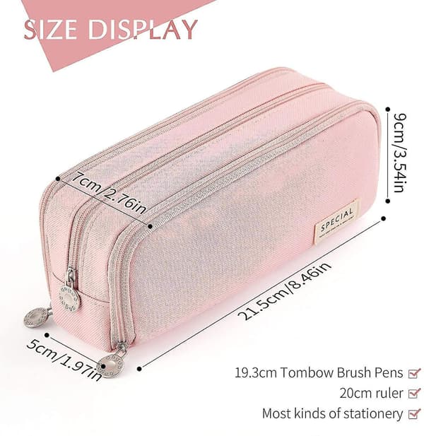 Large Pencil Case Big Capacity 3 Compartments Canvas Pencil Pouch For Students pink