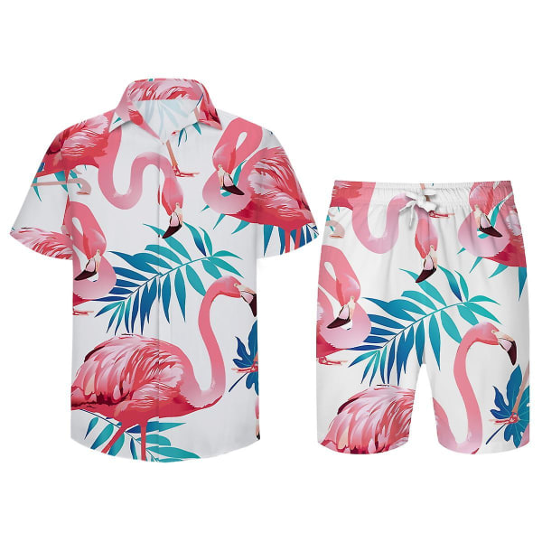 Allthemen Men's pink Flamingo Print Beach Shorts Beach Short-sleeved Shirt 2 Pcs 3XL