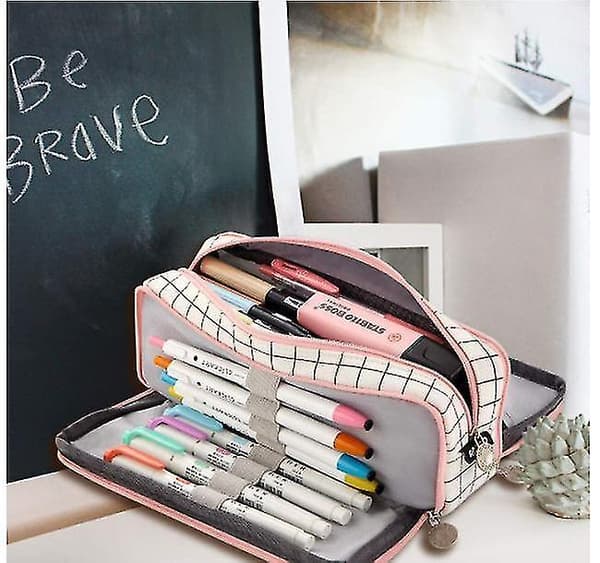 Large Capacity Pencil Case 3 Compartment Pouch Pen Bag pink