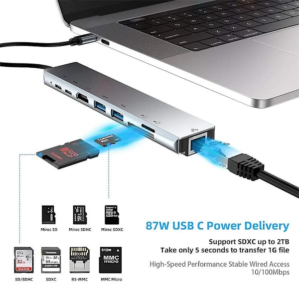 8-i-1 Type-c Hub til Usb 3.0 Usb-c 4k Hdmi Lan Rj45 Sd Tf Multifunktionel Adapter til Notebook