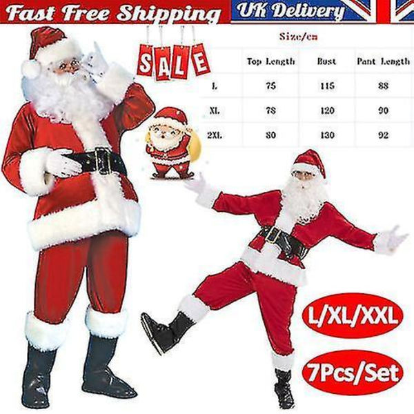 7pcs Santa Claus Costume Father Outfit Christmas Flannel Suit Mens Fancy Dress XL