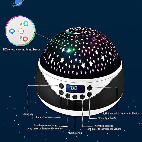 Starry Sky Projector Led Rotating Moon Room Decor Night Light Bedside Lamp With Music Black