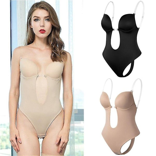 Naisten syvään uurrettu V-aukkoinen vartalonmuokkaaja olkaimeton selästä avoin body U-uurre saumaton stringi kokovartalobody Beige L(36)